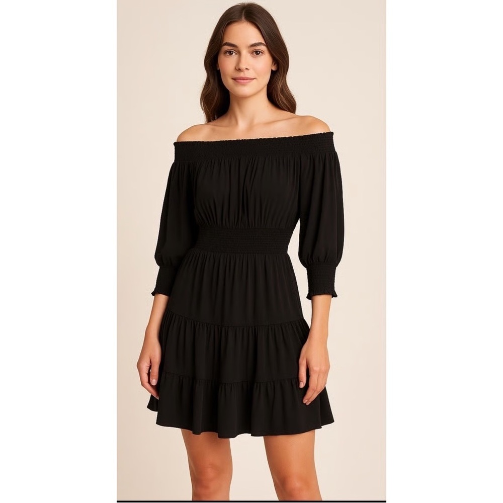 Gianni Bini Smocked Off The Shoulder Quarter Sleeve Ruffle Dress‎ Black XS